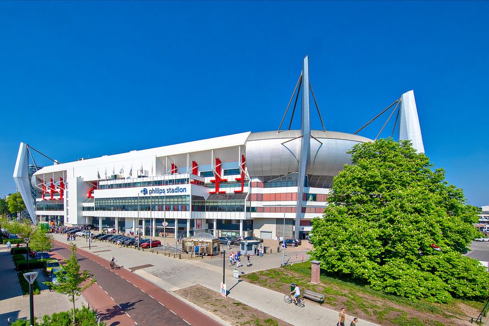 A football stadium during a match, with a Butlaroo-powered ordering point set up between two hospitality boxes.
