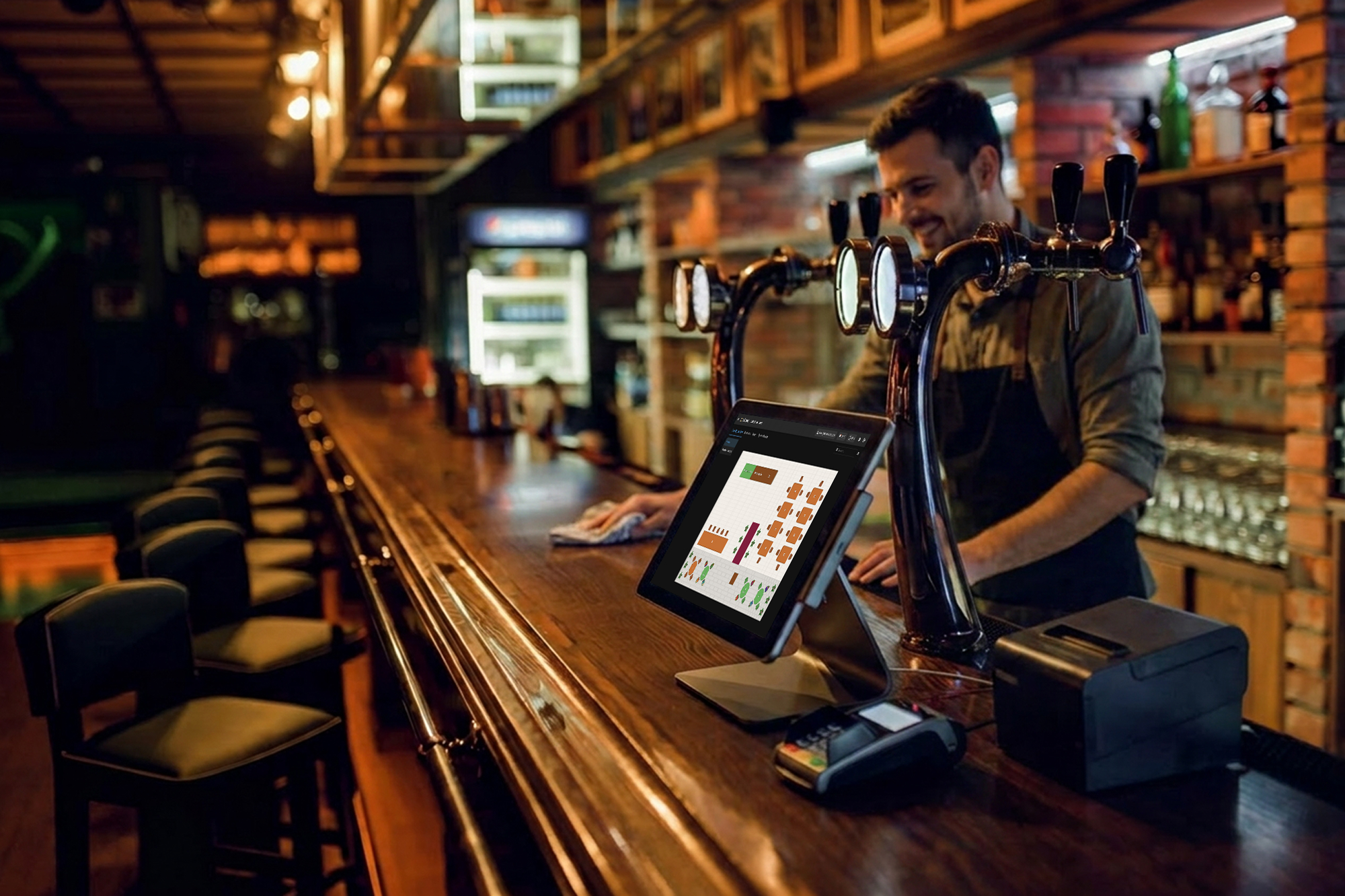 A bartender behind the taps of a neighbourhood bar, with a Butlaroo POS workstation on the counter.