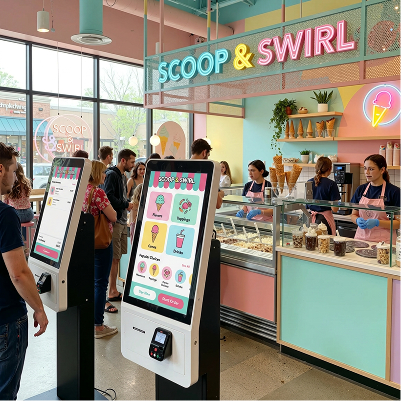 A self-service kiosk inside an ice cream shop, ready to take the next order.